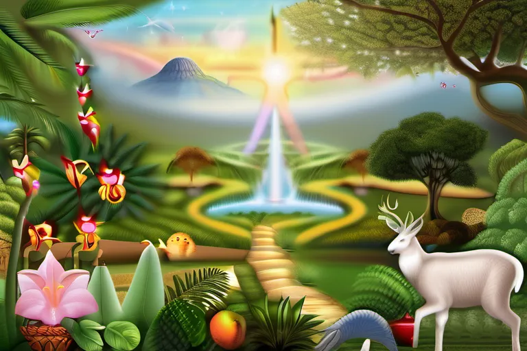 A serene depiction of the Garden of Eden with various Christian symbols subtly integrated, symbolizing the harmony between Christianity and the creation story. - Christian interpretation of creation story