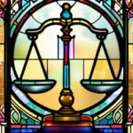 A stained-glass window depicting a balance scale with the Ten Commandments inscribed. - Old Testament justice Christianity