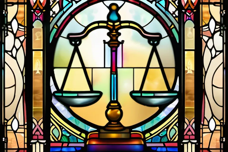 A stained-glass window depicting a balance scale with the Ten Commandments inscribed. - Old Testament justice Christianity