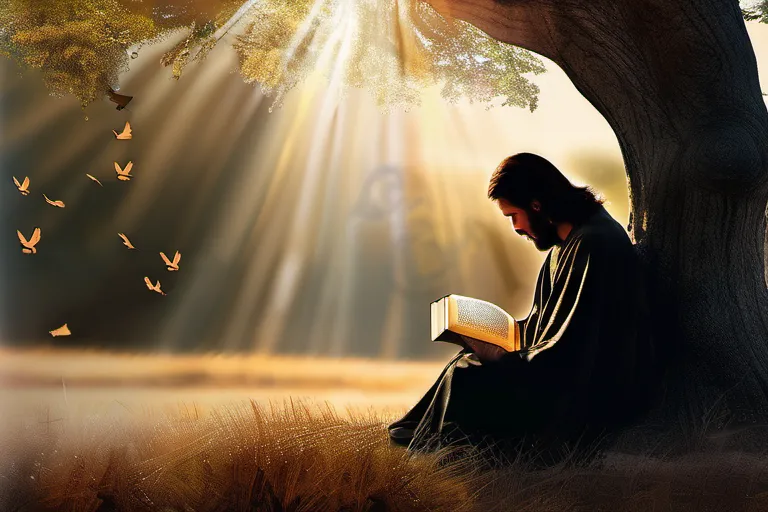 A serene image of a person reading a Bible under a tree, symbolizing the exploration and understanding of the complexities between Old Testament violence and the teachings of Jesus. - Old Testament violence, Jesus, Christianity, reconciliation