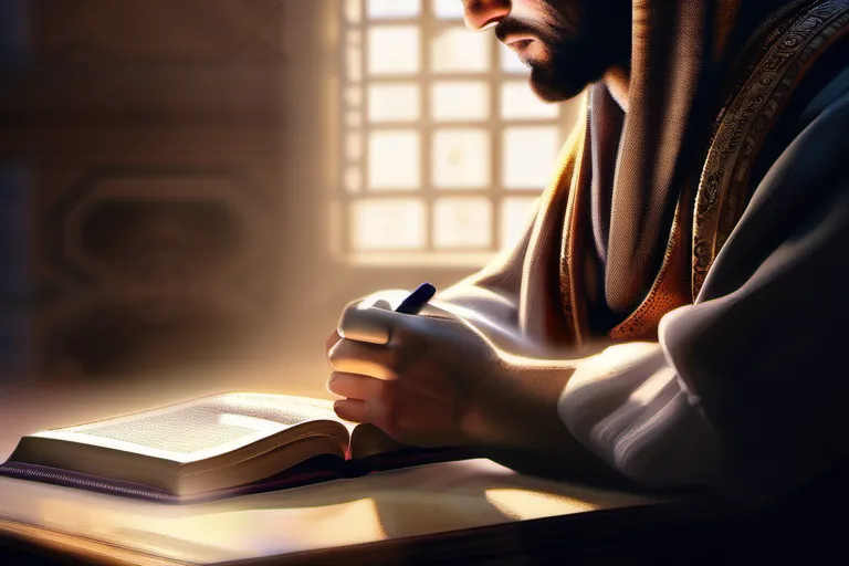 A serene image of a Bible open to the book of Habakkuk, with a thoughtful figure contemplating its pages. - Habakkuk in Christianity