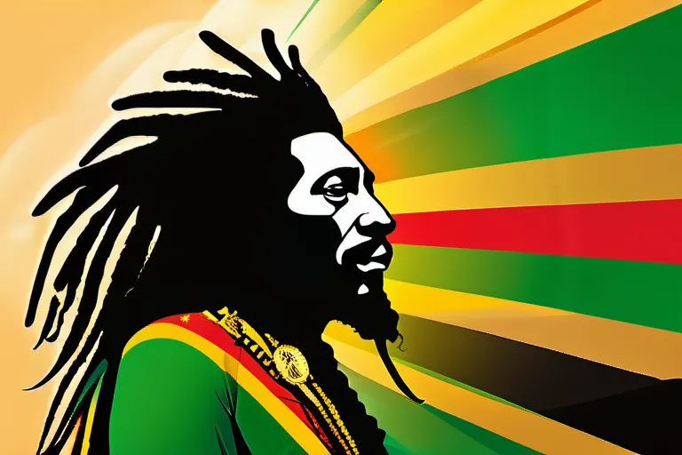 A vibrant image featuring the colors green, gold, and red, with a Rastafarian flag, dreadlocks, and a lion (symbolizing Emperor Haile Selassie I) prominently displayed. - Rastafarianism