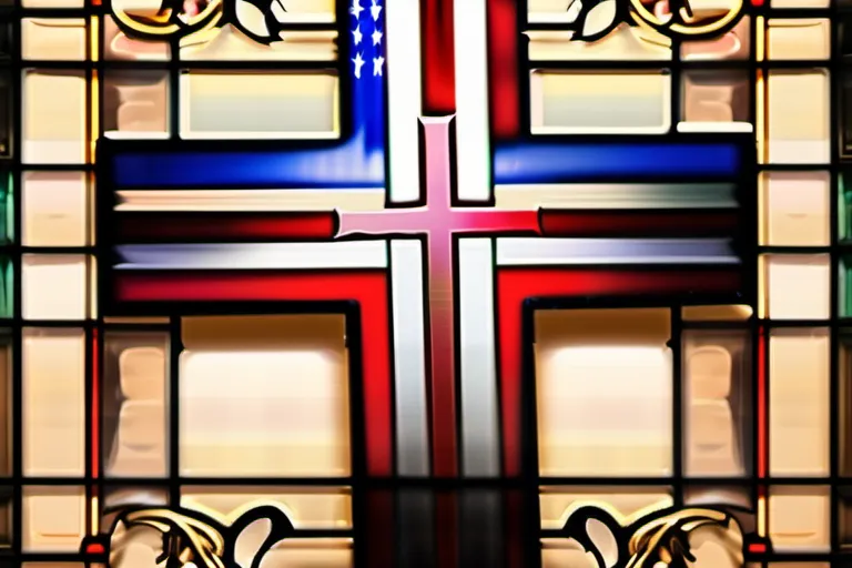 A stained-glass window depicting a cross with the American flag in the background. - American Association of Lutheran Churches