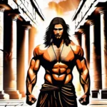 A powerful, muscular man with long hair, symbolizing strength and determination, standing against a backdrop of ancient ruins, representing the biblical times. - Christian Interpretation of Samson