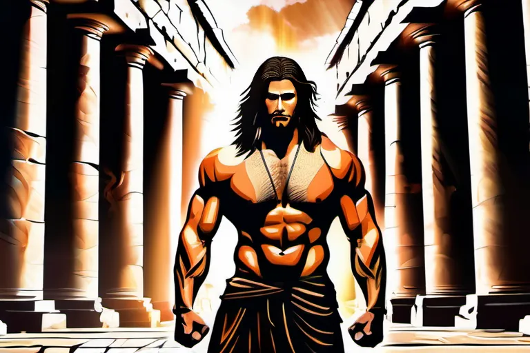 A powerful, muscular man with long hair, symbolizing strength and determination, standing against a backdrop of ancient ruins, representing the biblical times. - Christian Interpretation of Samson