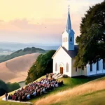 A serene image of a church on a hill with people gathered for worship on a Saturday evening. - Sabbath in Christianity