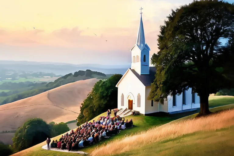 A serene image of a church on a hill with people gathered for worship on a Saturday evening. - Sabbath in Christianity