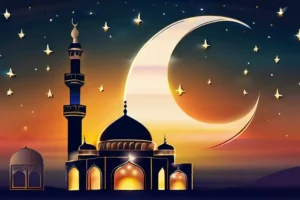 A serene mosque at sunset with a crescent moon and stars in the sky, symbolizing the holy month of Ramadan and the practice of fasting. - fasting in Islam