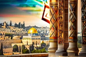 A visually appealing cover image featuring a stylized, colorful Star of David against a backdrop of Jerusalem or an ancient synagogue. - Star of David