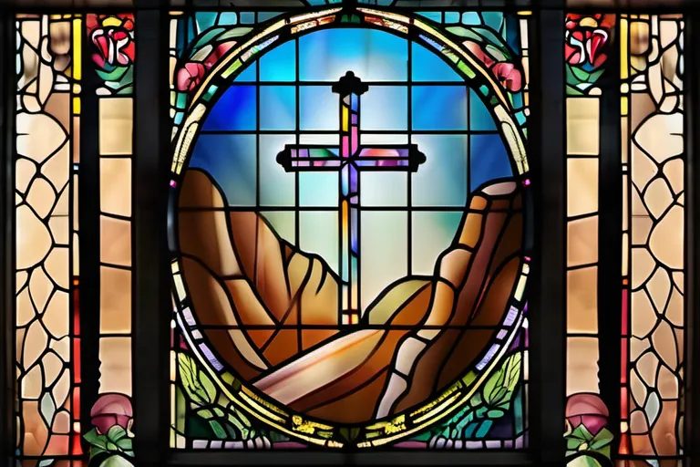 A stained-glass window depicting the Ten Commandments with a modern Christian cross in the foreground. - Old Testament Laws in Christianity