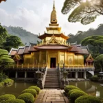 A serene image of a golden Buddhist temple nestled in lush greenery, with intricate carvings adorning its walls. - Buddhist Temples