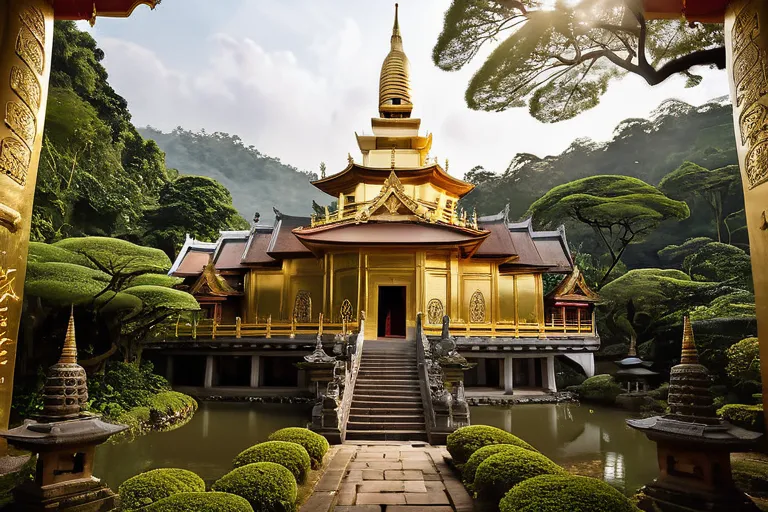 A serene image of a golden Buddhist temple nestled in lush greenery, with intricate carvings adorning its walls. - Buddhist Temples