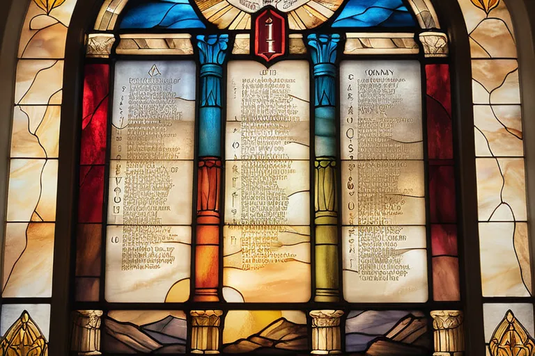 A stained glass window depicting the Ten Commandments, symbolizing their importance in Christian teachings. - Ten Commandments in Christianity