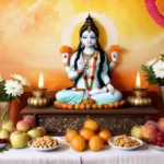 A beautifully decorated altar with fresh fruits, flowers, and sweets arranged for a Hindu deity. - Hindu food offering