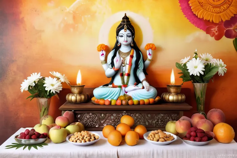 A beautifully decorated altar with fresh fruits, flowers, and sweets arranged for a Hindu deity. - Hindu food offering