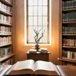 A serene image of a library with books on both science and religion, symbolizing harmony between the two fields. - science and religion