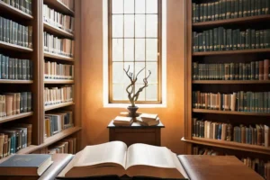 A serene image of a library with books on both science and religion, symbolizing harmony between the two fields. - science and religion