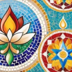 A vibrant, multicultural mosaic representing various religious symbols coming together harmoniously. - syncretism