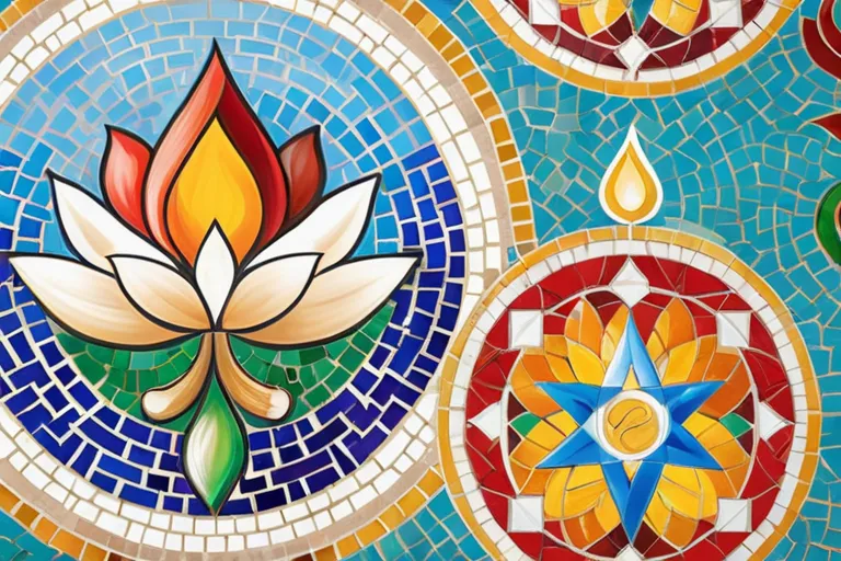 A vibrant, multicultural mosaic representing various religious symbols coming together harmoniously. - syncretism