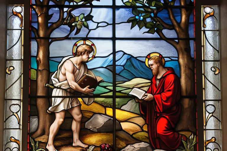 A stained-glass window depicting Cain and Abel with a Bible in the foreground. - Cain and Abel interpretation Christianity