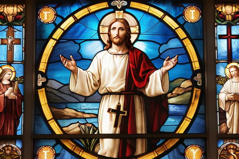 A serene image of a stained-glass window depicting Jesus Christ surrounded by symbols of his life and teachings. - Christianity, Jesus Christ, Beliefs