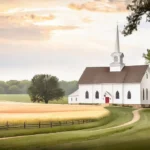 Create an image showcasing a serene scene from one of the Amana Colonies, with the Amana Church Society's distinctive architecture in the foreground. - Amana Church Society