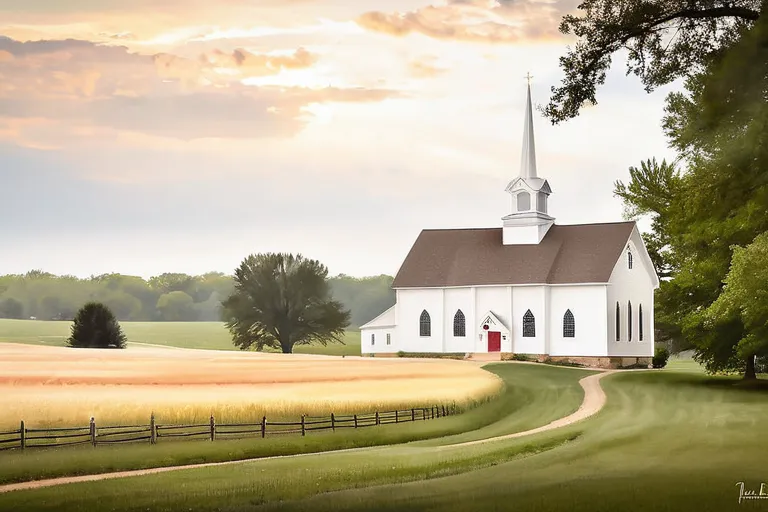 Create an image showcasing a serene scene from one of the Amana Colonies, with the Amana Church Society's distinctive architecture in the foreground. - Amana Church Society