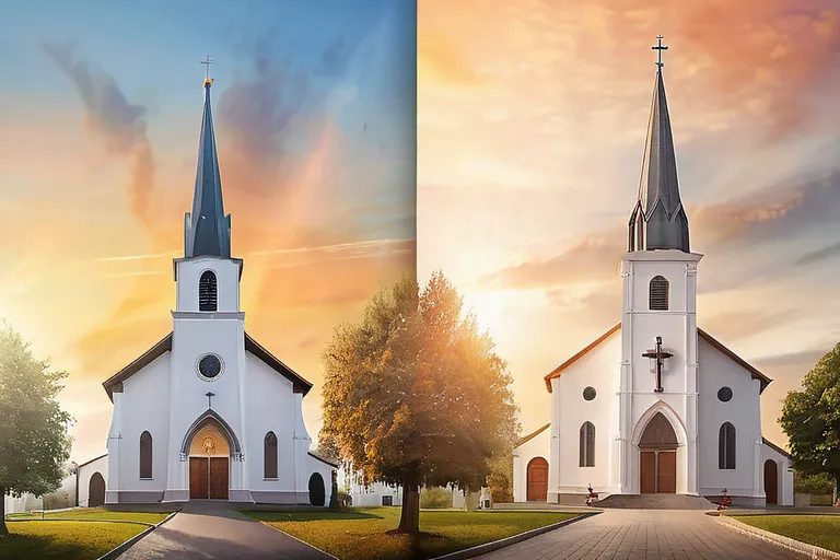 A visually appealing cover image featuring a Catholic church and a Protestant church side by side, symbolizing unity amidst diversity. - Catholics vs Protestants